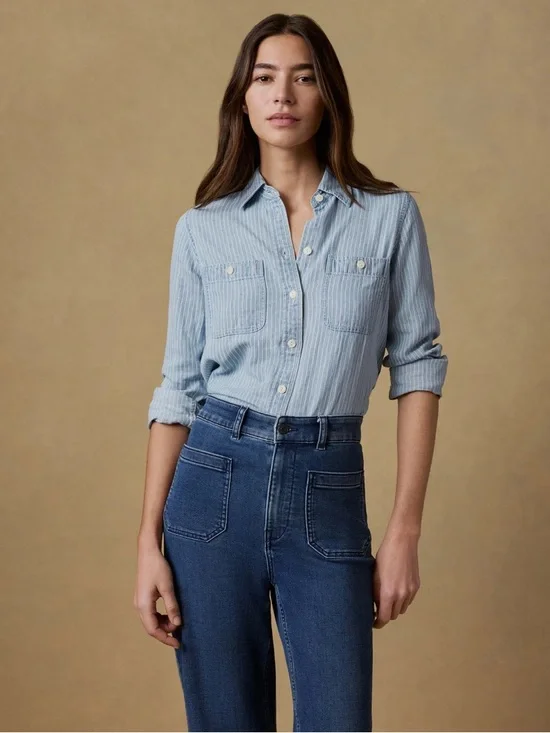 Faherty Chambray button down shirt Blue White stripe large - Picture 7 of 9